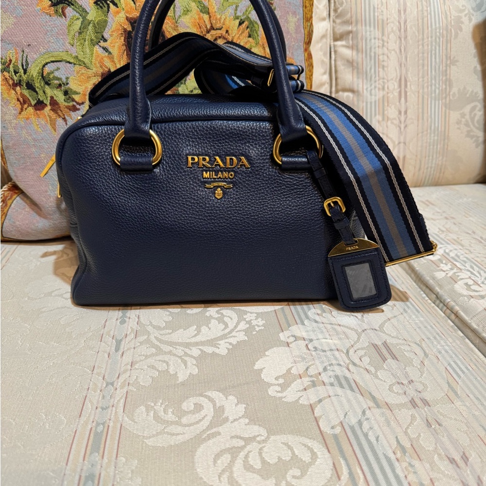 Prada Blue and Gold Structured Satchel